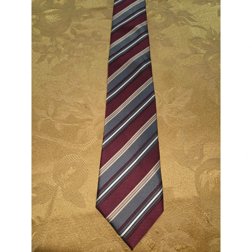 Croft & Barrow Mens Necktie Burgundy Grey Gold Diagonal Striped Polyester Tie